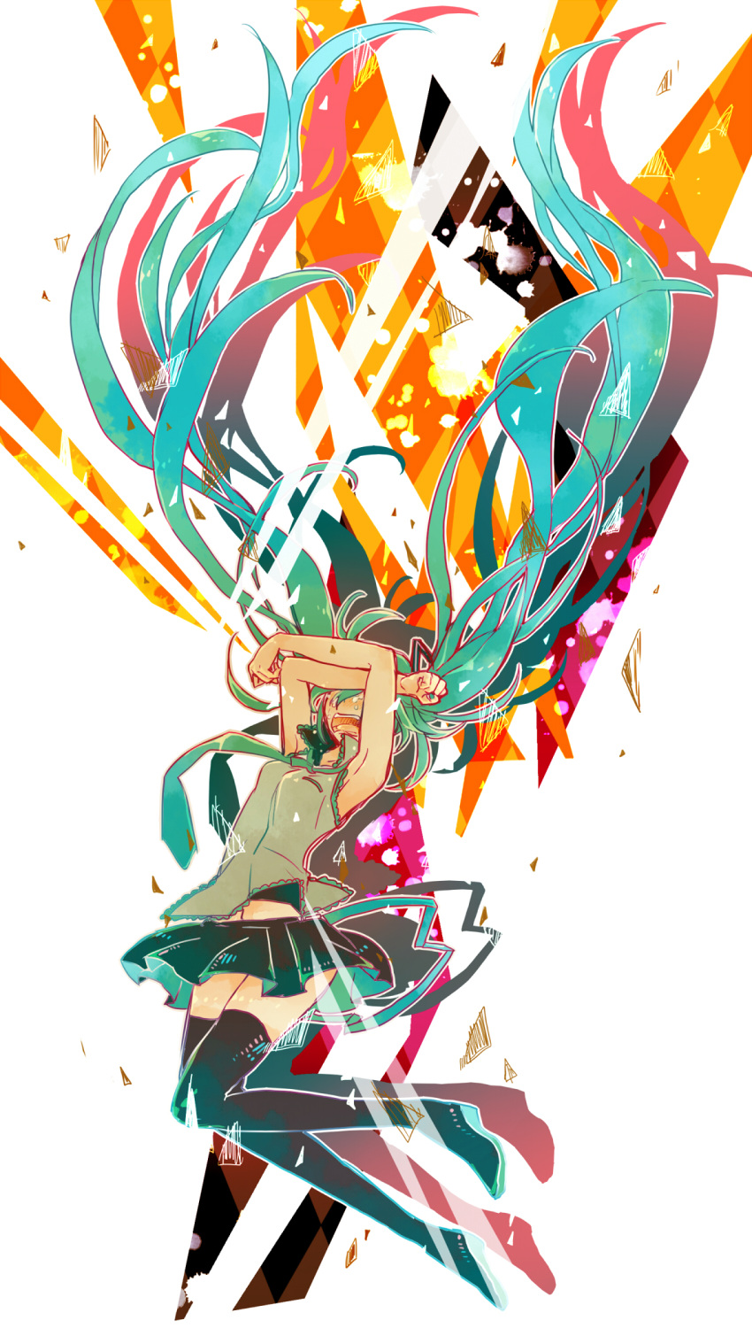 1girl 7:24 armpits arms_up boots floating_hair green_hair hatsune_miku highres long_hair necktie open_mouth skirt solo tears thigh-highs thigh_boots twintails very_long_hair vocaloid