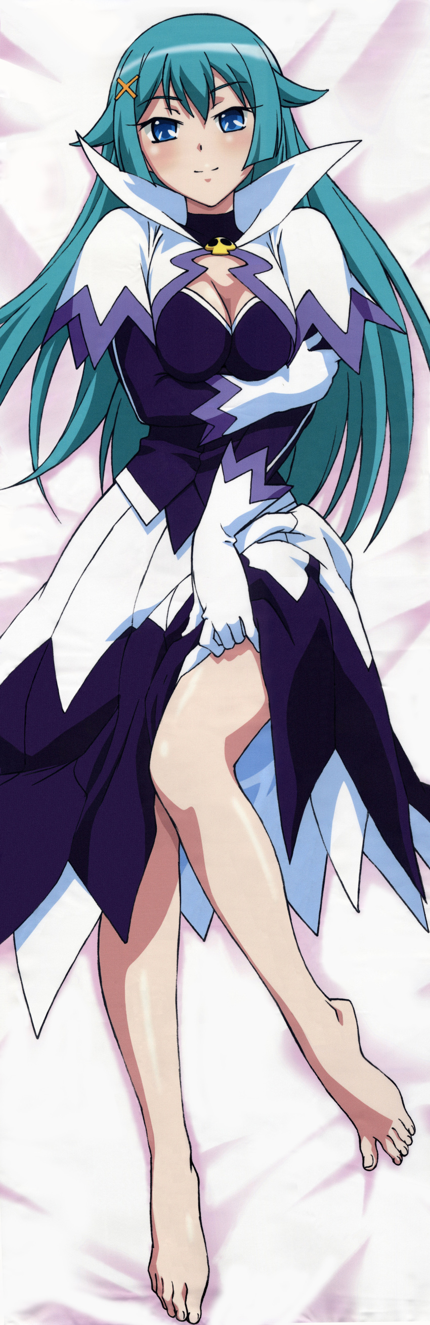 1girl absurdres blue_eyes breasts cleavage dakimakura dress dress_lift gloves green_hair high_collar highres huge_filesize kaitou_tenshi_twin_angel legs scan tesla_violet