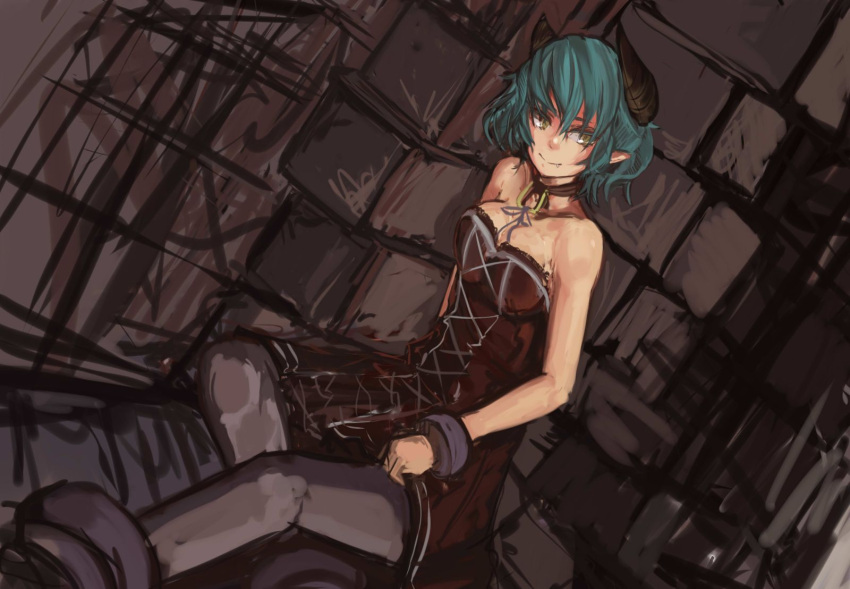 1girl bare_shoulders black_legwear breasts choker cleavage demon_girl dress fang fiend_(juniper's_knot) green_hair highres horns juniper's_knot large_breasts pan!ies pantyhose pointy_ears shackle short_hair sitting smile solo strapless_dress yellow_eyes