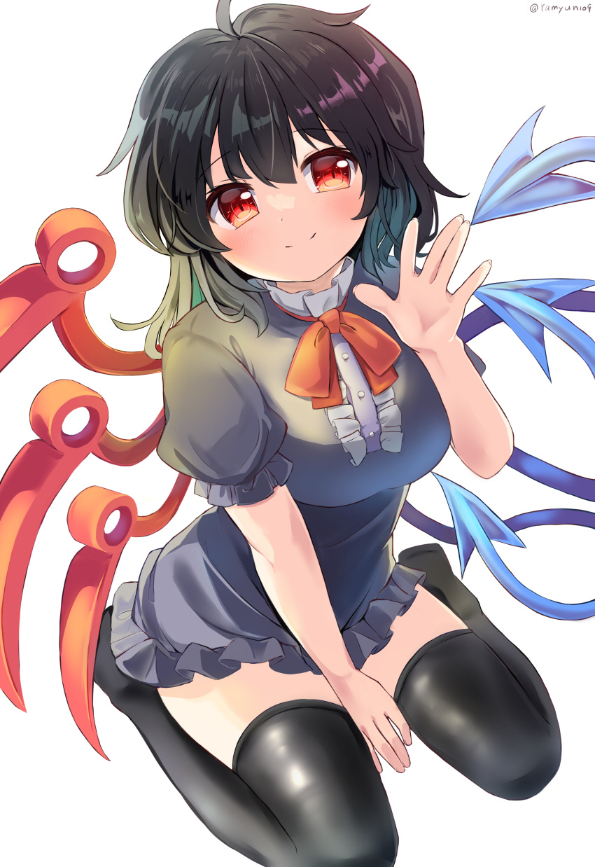 1girl absurdres ahoge asymmetrical_wings bangs between_legs black_dress black_hair black_legwear blue_wings breasts center_frills closed_mouth dress frills hand_between_legs highres houjuu_nue looking_at_viewer medium_breasts medium_hair ramudia_(lamyun) red_eyes red_neckwear red_wings seiza simple_background sitting smile solo thigh-highs touhou twitter_username white_background wings