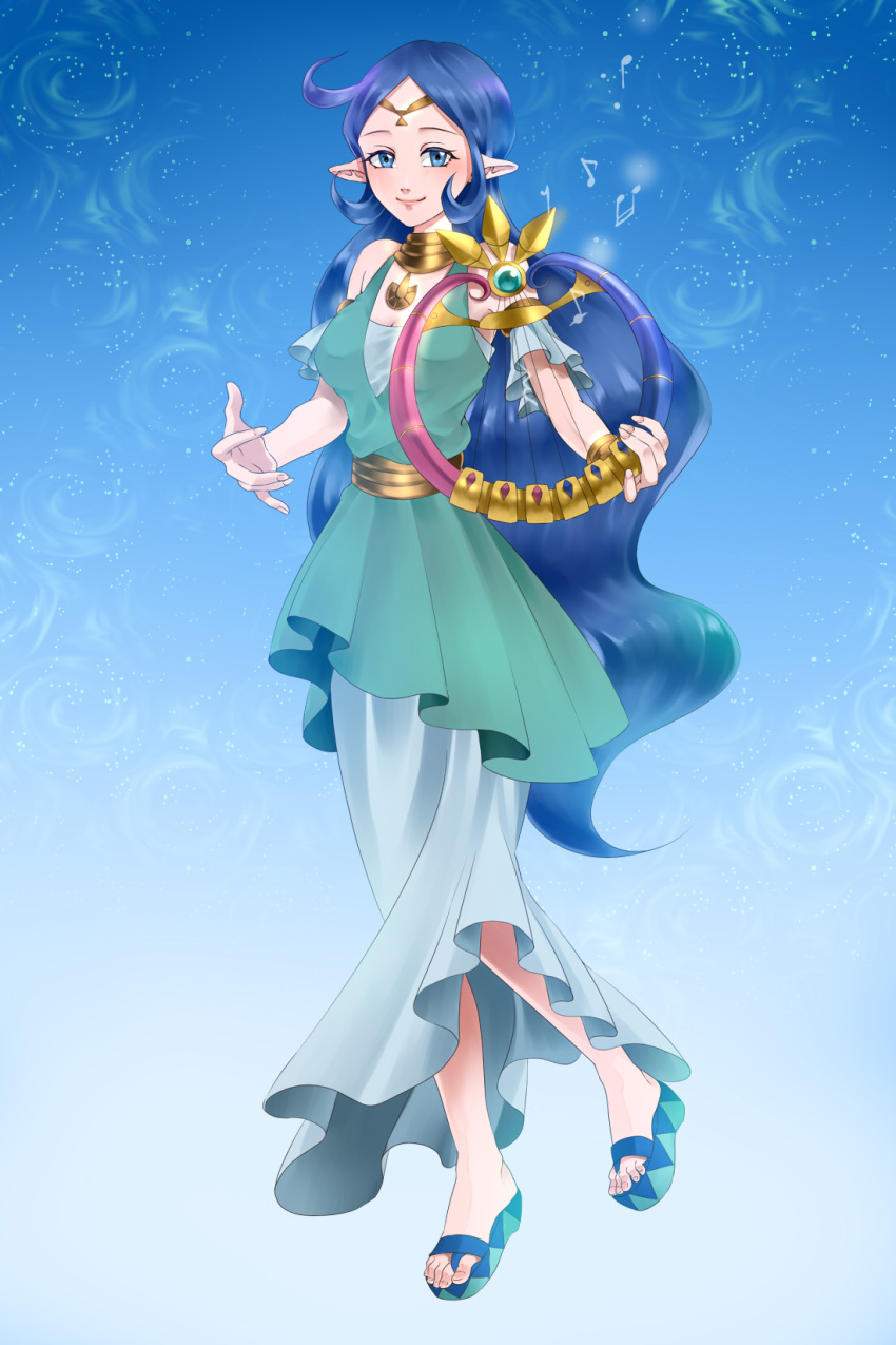 1girl bare_shoulders blue_background blue_eyes blue_hair dress harp instrument long_hair looking_at_viewer musical_note nayru oracle_of_ages playing_instrument pointy_ears smile solo the_legend_of_zelda wasabi_(legemd)