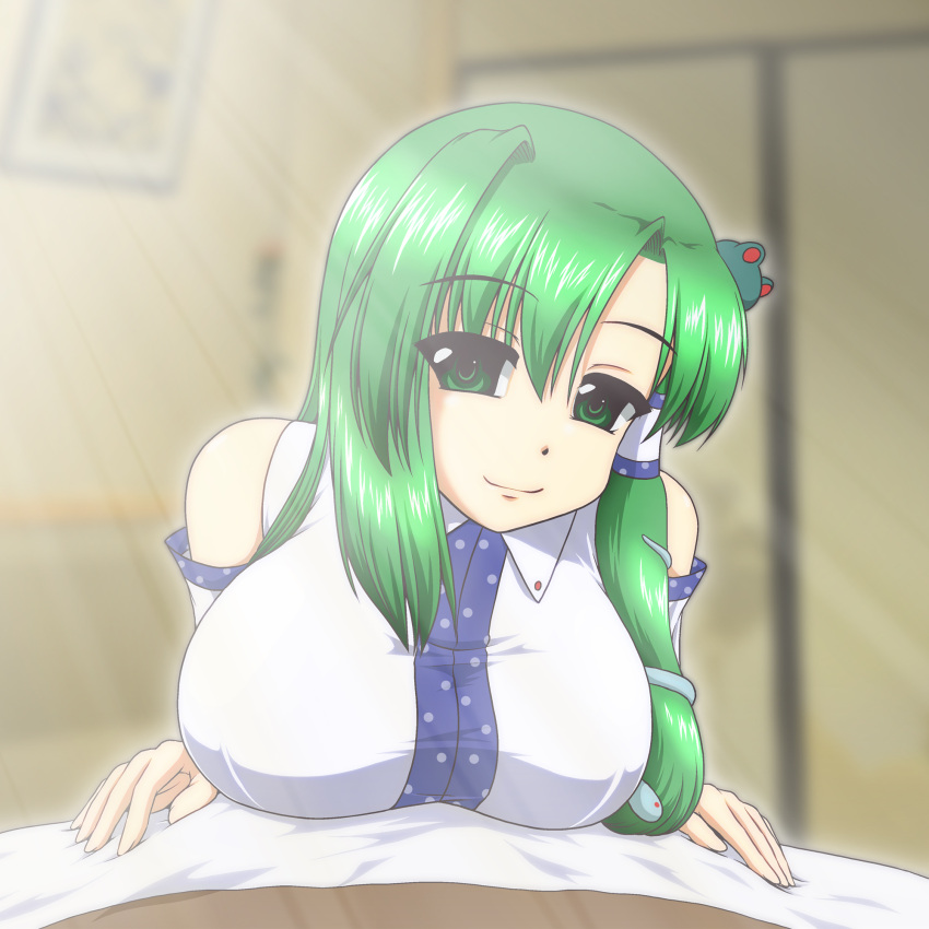 1girl bare_shoulders breast_rest breasts bust detached_sleeves face frog_hair_ornament green_eyes green_hair hair_ornament hair_tubes highres kingindou_yumeji kochiya_sanae large_breasts looking_at_viewer smile snake solo touhou