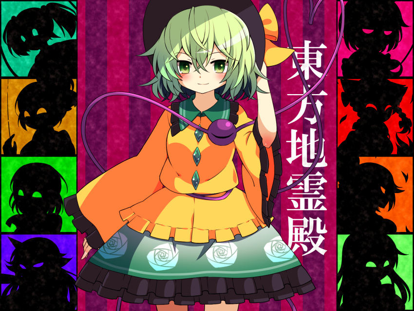 eyeball green_eyes green_hair hat hat_ribbon heart heart_of_string highres hoshiguma_yuugi kaenbyou_rin kisume kochiya_sanae komeiji_koishi komeiji_satori kurodani_yamame mizuhashi_parsee multiple_girls reiuji_utsuho ribbon shadow short_hair silhouette skirt subterranean_animism third_eye touhou yuka_yukiusa