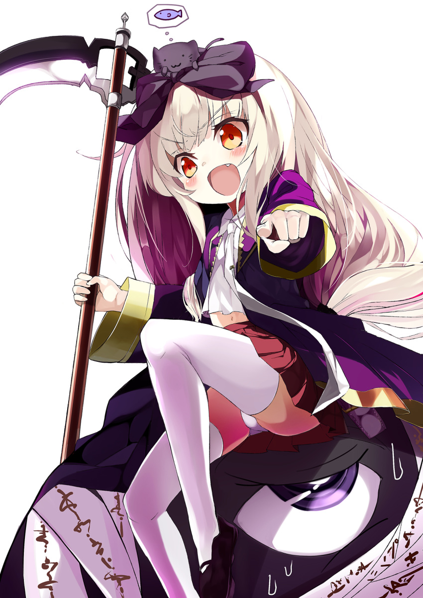 1girl ascot blonde_hair bow cat cauliflower_(artist) coat cornet_(defense_witches) creature defense_witches eyes fang fish hair_bow highres long_hair long_sleeves midriff navel open_mouth orange_eyes panties pointing scythe simple_background sitting skirt sweatdrop thigh-highs thought_bubble underwear white_background white_legwear