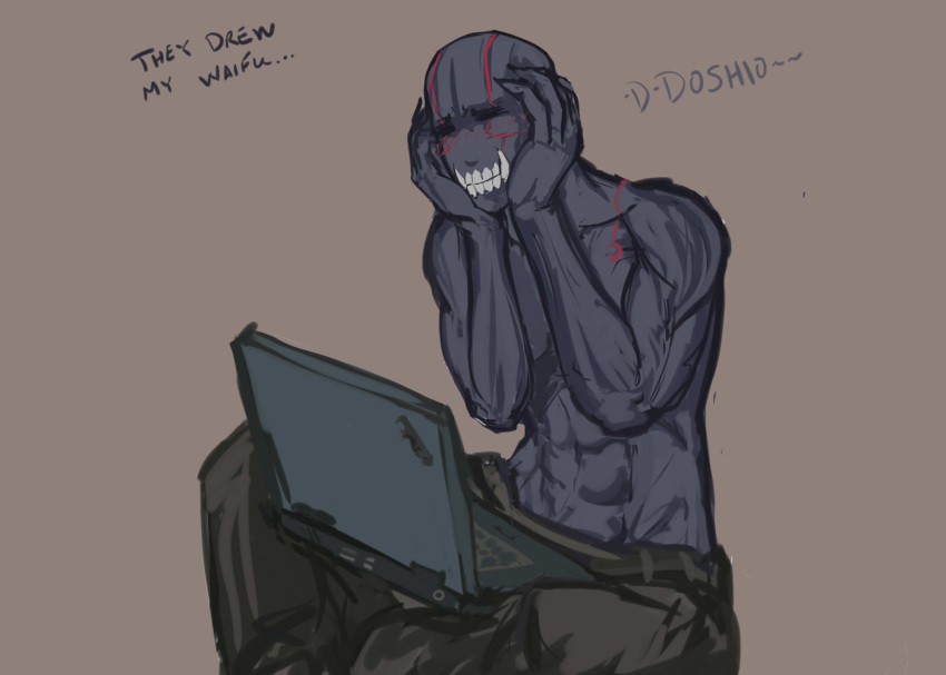 1boy =_= abs bald black_skin blush closed_eyes computer fullmetal_alchemist greed hands_on_own_face happy laptop muscle pan!ies shirtless sitting solo