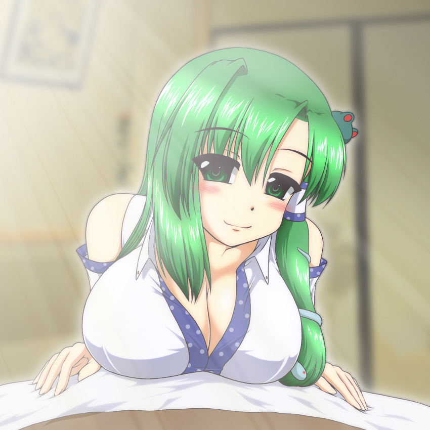 1girl bare_shoulders breast_rest breasts bust cleavage detached_sleeves face frog_hair_ornament green_eyes green_hair hair_ornament hair_tubes highres kingindou_yumeji kochiya_sanae large_breasts looking_at_viewer open_clothes smile snake solo touhou