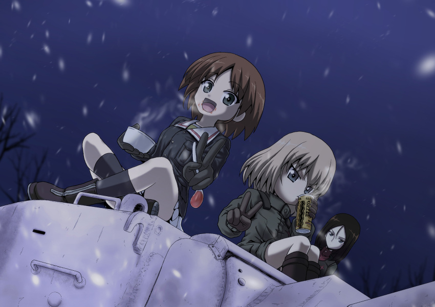 brown_hair coffee girls_und_panzer kamishima_kanon katyusha long_hair military military_vehicle nonna sakaguchi_karina short_hair skirt snow steam tank uniform v vehicle