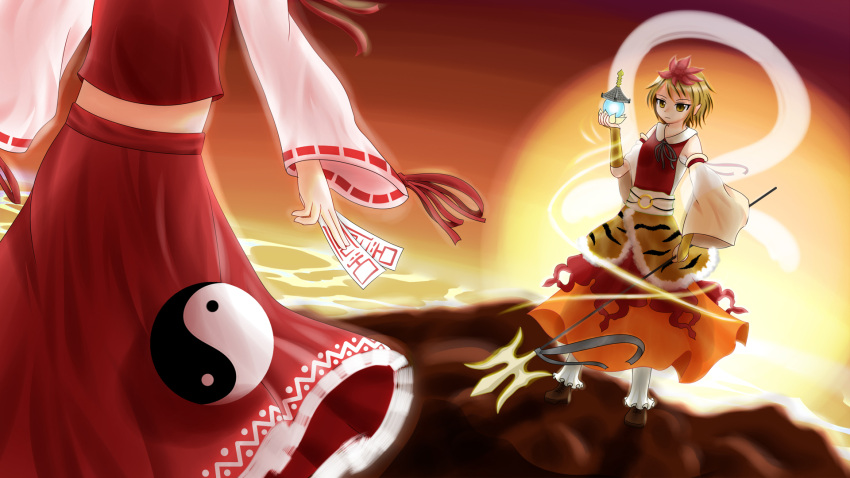 2girls from_behind hair_ornament hakurei_reimu highres jeweled_pagoda light_trail looking_at_another midriff multicolored_hair multiple_girls ofuda out_of_frame polearm shawl short_hair skirt skirt_set spear tiger_print toramaru_shou touhou twilight two-tone_hair uudensha weapon yellow_eyes yin_yang