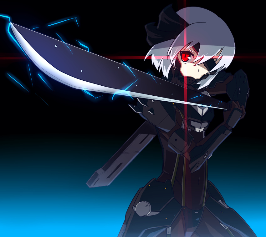 1girl absurdres alternate_costume bodysuit eyepatch glowing glowing_eyes hair_ribbon highres konpaku_youmu looking_at_viewer metal_gear_rising:_revengeance red_eyes ribbon short_hair silver_hair solo sparks sword touhou weapon