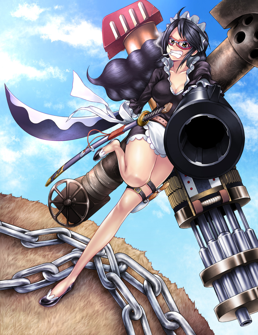 1girl aiming_at_viewer arm_blade arm_cannon baby_5 bazooka belt black_hair breasts brown_eyes buckle chain cigarette cleavage clenched_teeth clouds dutch_angle grass leg_belt maid maid_headdress mask one_piece serious sheath sheathed smoke solo weapon