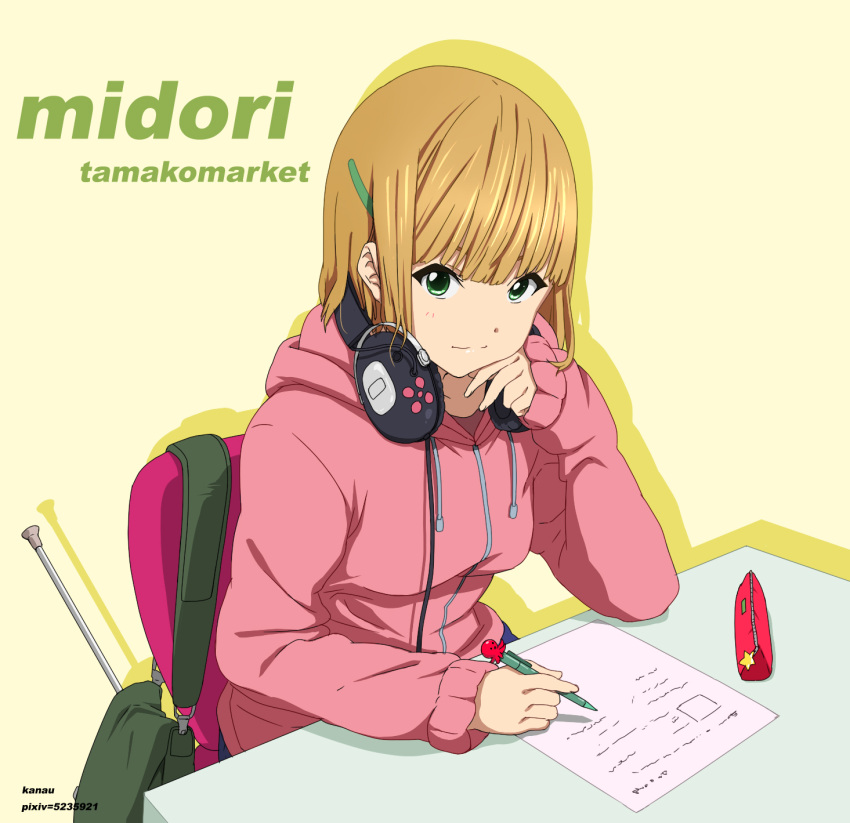 1girl bag baton blonde_hair green_eyes headphones hoodie kanau short_hair sitting tamako_market tokiwa_midori writing