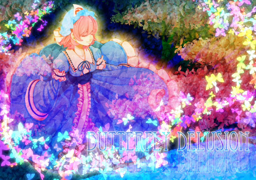 1girl ayahono breasts butterfly cherry_blossoms closed_eyes hat japanese_clothes petals pink_hair saigyouji_yuyuko sash short_hair smile text touhou triangular_headpiece wide_sleeves