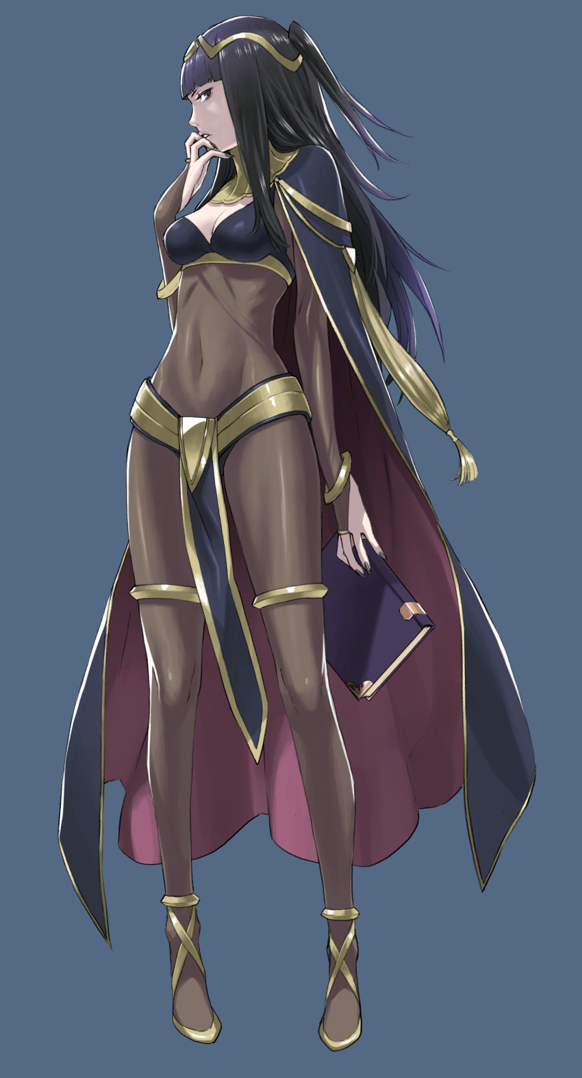 1girl absurdres bangs black_eyes black_hair blunt_bangs bodysuit book bracelet breasts bridal_gauntlets cape cleavage clothed_navel fingernails fire_emblem fire_emblem:_kakusei full_body hand_to_own_mouth headpiece highres jewelry kozaki_yuusuke long_fingernails long_hair nail_polish official_art parted_lips sarja scan simple_background solo standing two_side_up