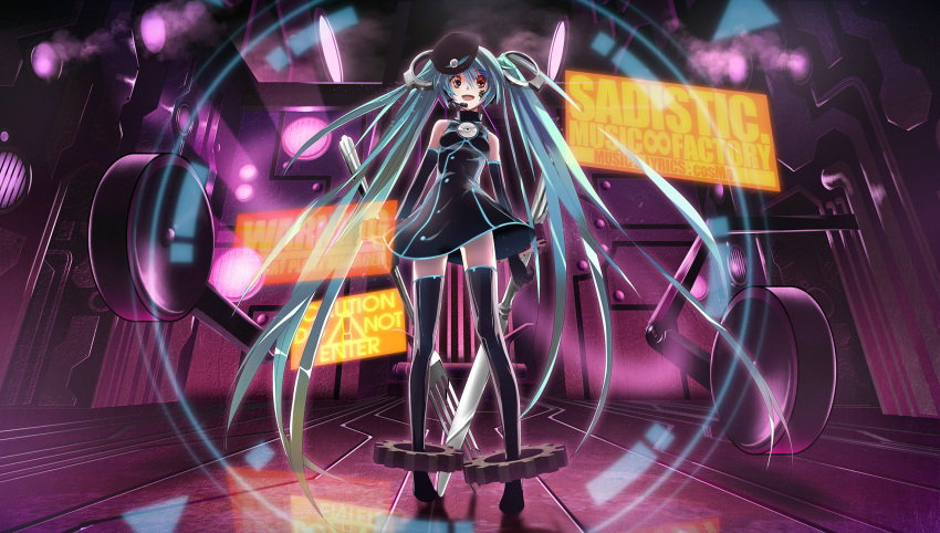 1girl aqua_hair boots elbow_gloves fork gears gloves hat hatsune_miku headset highres knife long_hair open_mouth oversized_object peaked_cap project_diva project_diva_f red_eyes sadistic_music_factory_(vocaloid) solo thigh-highs thigh_boots title_drop twintails very_long_hair vocaloid yonasawa