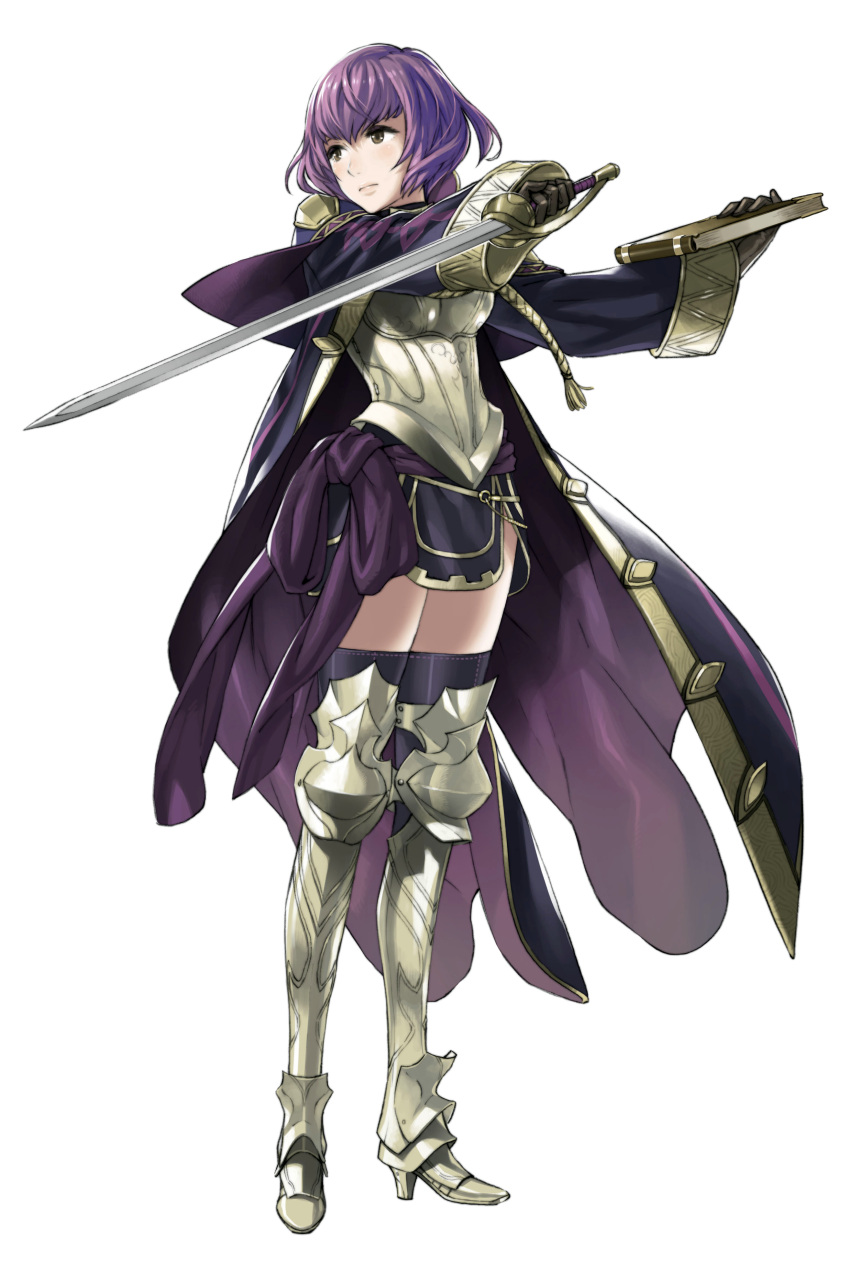 1girl absurdres armor black_legwear book breastplate brown_eyes catalina dual_wielding fire_emblem fire_emblem:_kakusei fire_emblem:_shin_monshou_no_nazo full_body gloves greaves high_heels highres kozaki_yuusuke long_coat official_art purple_hair sash scan shoes short_hair simple_background skirt sleeves_past_wrists solo sword thigh-highs weapon white_background zettai_ryouiki