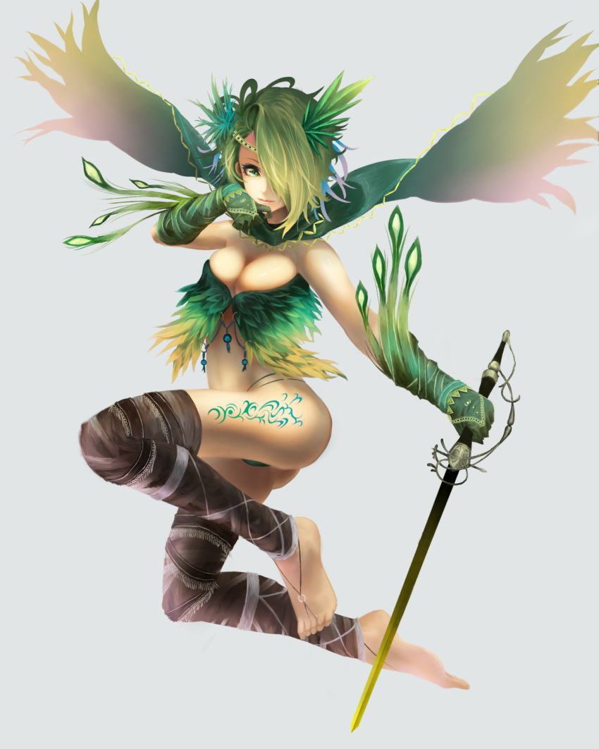 1girl akaikitsune ass breasts brown_legwear cape cleavage elbow_gloves gloves green_eyes green_hair green_panties hair_ornament hair_over_one_eye highres large_breasts looking_at_viewer no_pants no_shoes original panties shirt solo sword tattoo thigh-highs underwear weapon