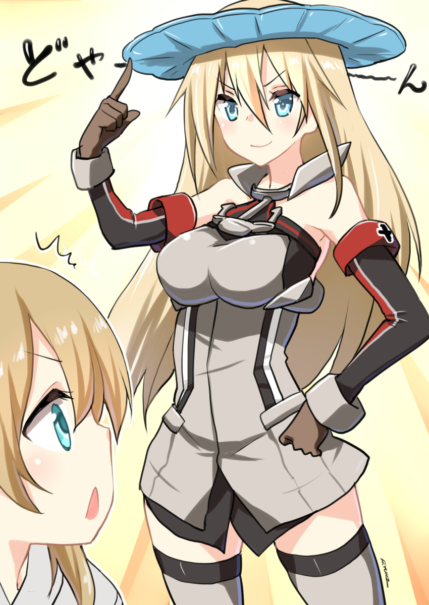 2girls :o absurdres aqua_eyes bismarck_(kantai_collection) blonde_hair blue_eyes breasts commentary_request detached_sleeves doya-gao elbow_gloves gloves grey_legwear hat highres kantai_collection long_hair looking_at_another multiple_girls prinz_eugen_(kantai_collection) ryuki_(ryukisukune) shampoo_hat thigh-highs