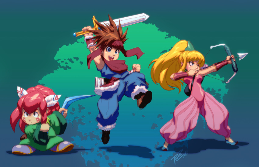 1girl 2boys aiming androgynous arrow baggy_pants blonde_hair blue_eyes boomerang bow_(weapon) earrings facepaint feathers hair_feathers headband highres jewelry long_hair multiple_boys pointy_ears pointy_shoes ponytail popoie purim randi redhead robaato scarf seiken_densetsu seiken_densetsu_2 spiky_hair sword vambraces weapon