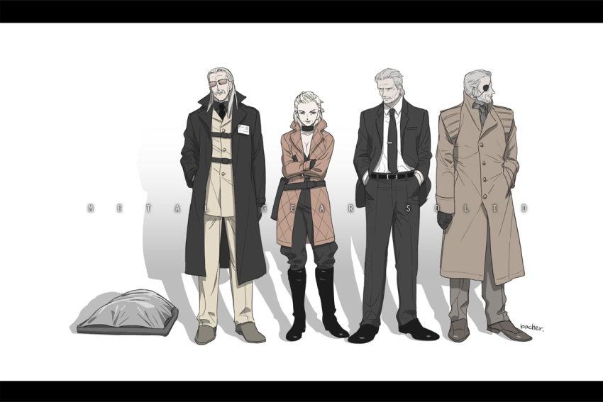 bach-bach beard blonde_hair body_bag boots breasts choker cleavage crossed_arms eva_(mgs) eyepatch facial_hair formal ghost_in_the_shell grey_hair hand_in_pocket hands_in_pockets liquid_ocelot long_coat metal_gear metal_gear_solid metal_gear_solid_4 mustache necktie old_man old_snake parody revolver_ocelot solid_snake spoilers suit sunglasses trench_coat