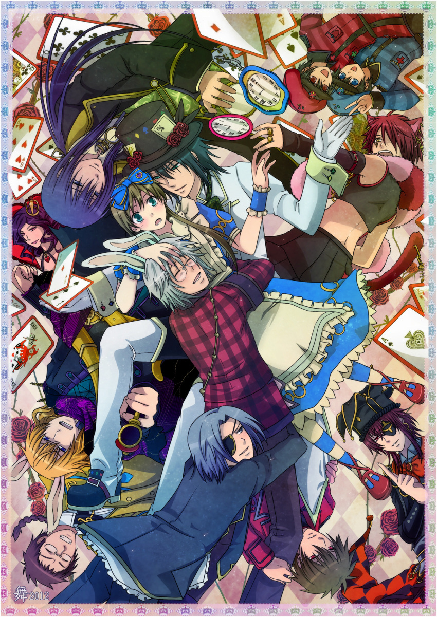 2girls 6+boys ace_(kuni_no_alice) alice_liddell angry animal_ears apron aqua_eyes armband belt black_hair black_shoes blonde_hair blood_dupre blue_eyes blue_hair blush boris_airay bow bowtie brown_hair card cat_ears catboy chain child clock closed_eyes cross_laced_shoes crown dress earrings elliot_march eyepatch feather_boa fingerless_gloves flower formal frills glasses gloves green_eyes grey_eyes grey_hair grin gun hair_bow hair_ornament hat heart heart_no_kuni_no_alice hug jacket jewelry joker_(kuni_no_alice) julius_monrey long_hair long_sleeves mary_gowland multiple_boys multiple_girls necktie nightmare_gottschalk open_mouth pants peter_white piercing pink_hair pointing_gun ponytail puffy_sleeves purple_hair queen rabbit_ears red_eyes red_shoes redhead ribbon ring rose scarf shoes short_hair shorts siblings sleeveless sleeveless_shirt smile socks striped striped_socks suit tail tattoo top_hat twins v violet_eyes vivaldi weapon white_gloves white_hair wristband yellow_eye