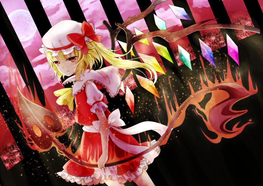 1girl ascot blonde_hair capelet clouds dutch_angle fire flandre_scarlet flower frown full_moon hat hat_ribbon laevatein light_particles looking_at_viewer mob_cap moon oh_mashiro puffy_short_sleeves puffy_sleeves purple_sky red_eyes ribbon short_hair short_sleeves side_ponytail skirt skirt_set solo spider_lily tears touhou wings