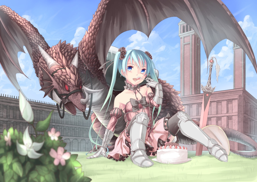 1girl armor cake dragon dress eating food fork hatsune_miku horn long_hair open_mouth saraki sitting sword thigh-highs twintails vocaloid weapon