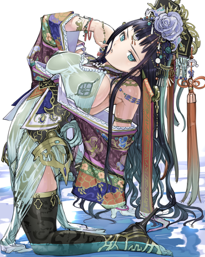 1girl :o aqua_eyes arm_support bare_shoulders black_hair blue_eyes breasts high_heels huge_breasts kneeling long_hair nakaba_reimei partially_submerged shoes sideboob solo thigh-highs very_long_hair water wet