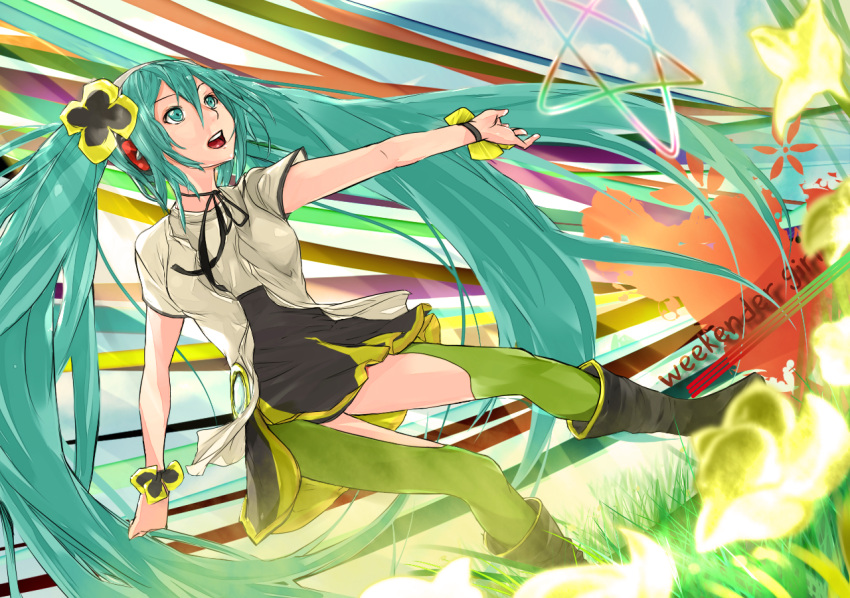 1girl aqua_eyes aqua_hair boots cafekun dress flower hair_flower hair_ornament hatsune_miku headphones long_hair open_mouth solo star thigh-highs title_drop twintails very_long_hair vocaloid weekender_girl_(vocaloid)