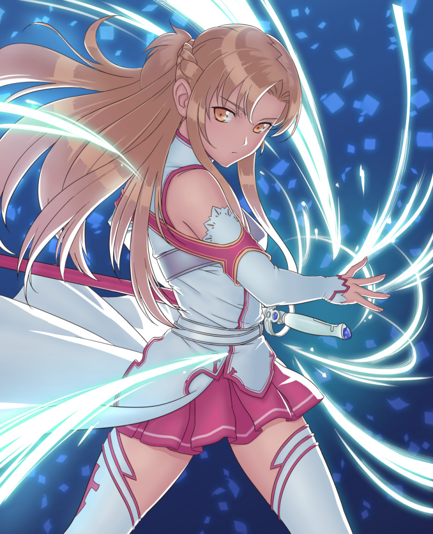 1girl asuna_(sao) breastplate brown_eyes brown_hair detached_sleeves long_hair seeker_(shzyu) solo sword sword_art_online thigh-highs weapon yuuki_asuna