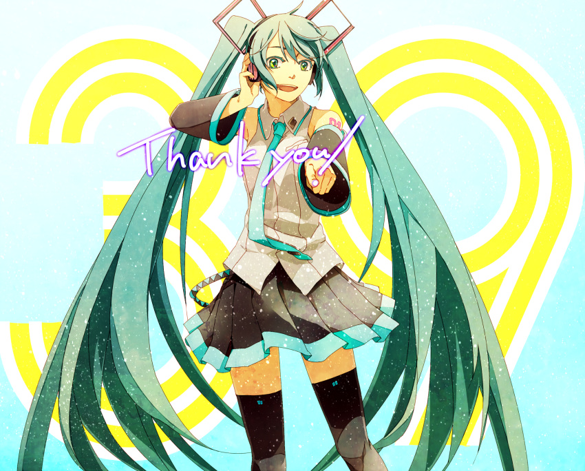 1girl detached_sleeves green_eyes green_hair hand_on_headphones hatsune_miku headphones highres long_hair necktie open_mouth pointing skirt solo sorakura_shikiji thigh-highs twintails very_long_hair vocaloid