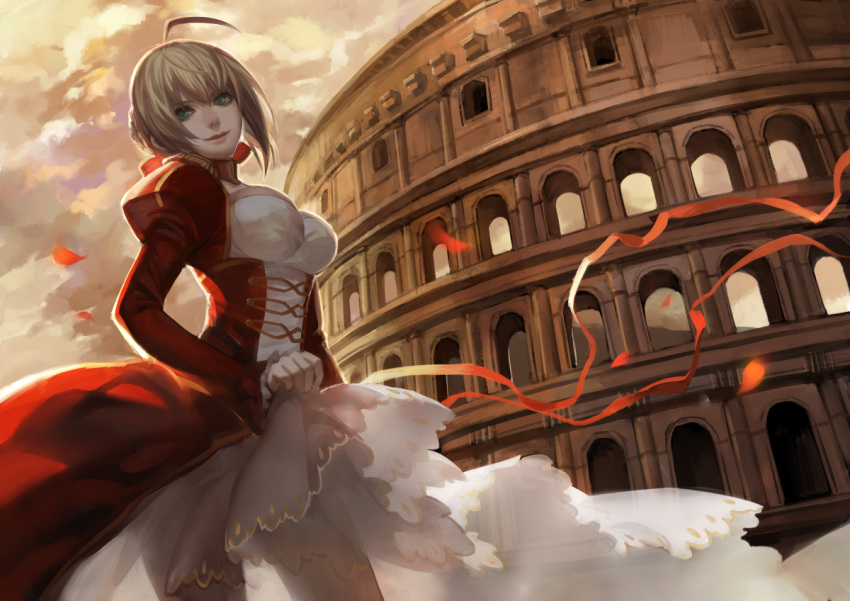 1girl ahoge asukaziye blonde_hair breasts cleavage colosseum dress fate/extra fate_(series) green_eyes hair_ribbon looking_at_viewer open_mouth petals red_dress ribbon rome saber_extra solo