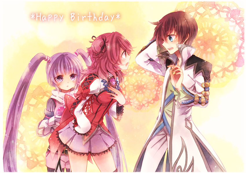 1boy 2girls ao2222 asbel_lhant blue_eyes blush bodysuit brooch brown_hair cheria_barnes coat happy_birthday jewelry juliet_sleeves long_hair long_sleeves multiple_girls pants pink_hair puffy_sleeves purple_hair short_hair shorts skirt sophie_(tales_of_graces) tales_of_(series) tales_of_graces two_side_up violet_eyes yellow_background