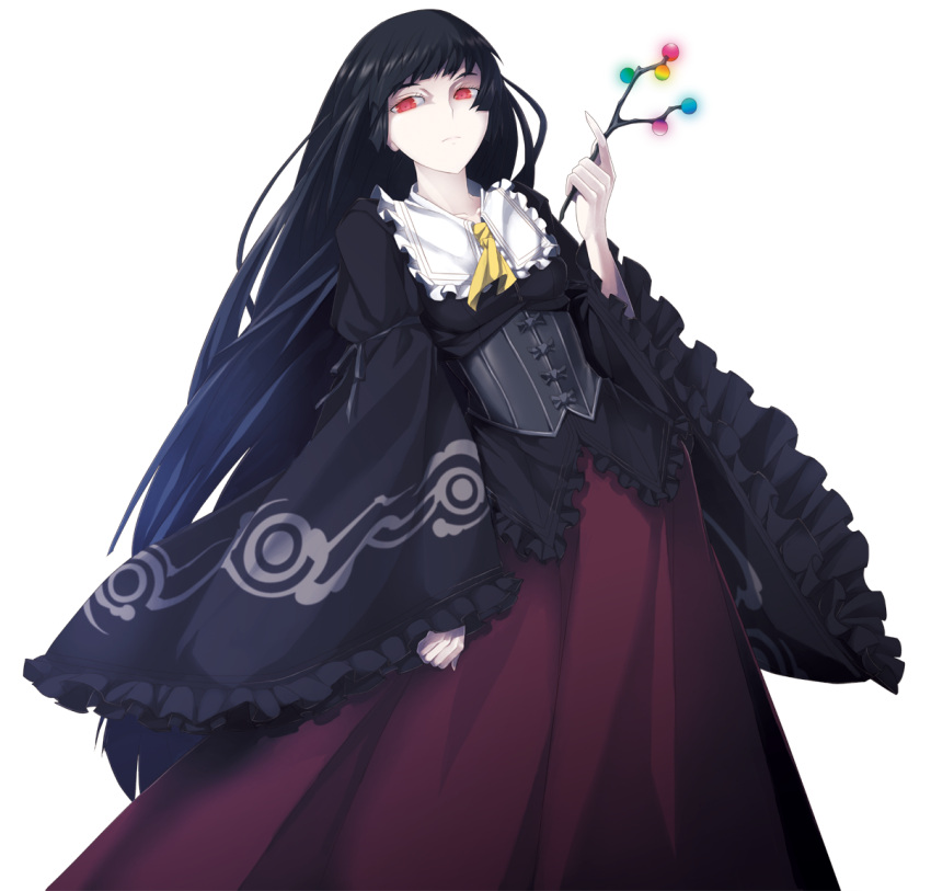 1girl adapted_costume black_hair branch corset dress frills frown highres houraisan_kaguya jeweled_branch_of_hourai long_hair mazeran pale_skin red_eyes solo touhou very_long_hair white_background wide_sleeves