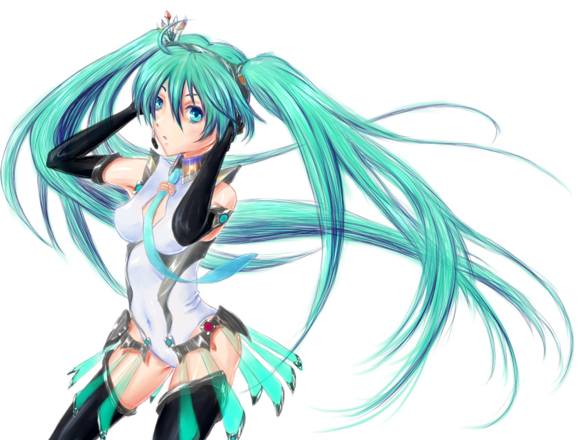 1girl elbow_gloves gloves green_eyes green_hair hatenaxx hatsune_miku headset long_hair necktie racequeen simple_background skirt solo thigh-highs twintails very_long_hair vocaloid white_background