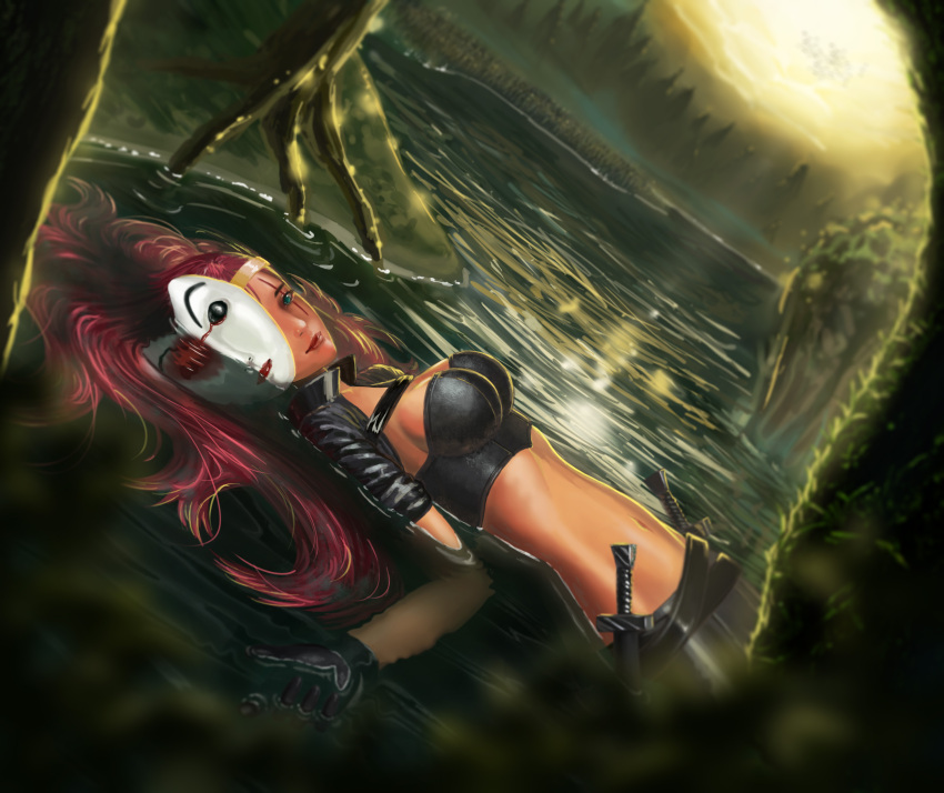 1girl absurdres belt breasts crop_top dagger gasssss gloves green_eyes headband highres katarina_du_couteau league_of_legends liandry's_torment lips long_hair lying mask midriff navel partially_submerged popped_collar redhead scar solo tree water weapon