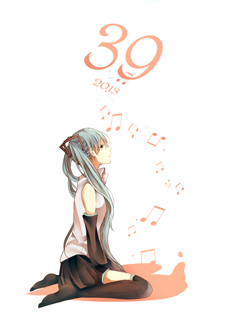 1girl 39 2013 absurdres aqua_eyes aqua_hair dated detached_sleeves haru_(haru2079) hatsune_miku highres long_hair musical_note simple_background sitting skirt solo thigh-highs twintails vocaloid wariza white_background