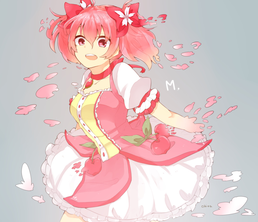 1girl bow cherry choker dissolving dress flower food fruit grey_background hair_bow hair_flower hair_ornament highres kaname_madoka mahou_shoujo_madoka_magica ohina open_mouth petals pink_eyes pink_hair smile soul_gem twintails
