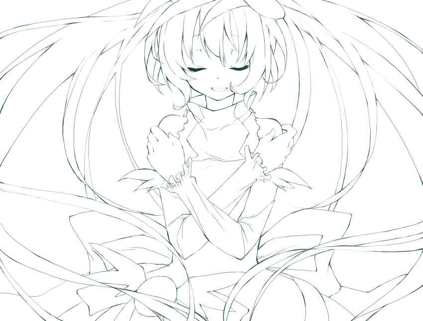 1girl closed_eyes crossed_arms dress hatsune_miku highres kawana_(spicaboy) lineart long_hair monochrome parted_lips solo spica_(vocaloid) twintails very_long_hair vocaloid