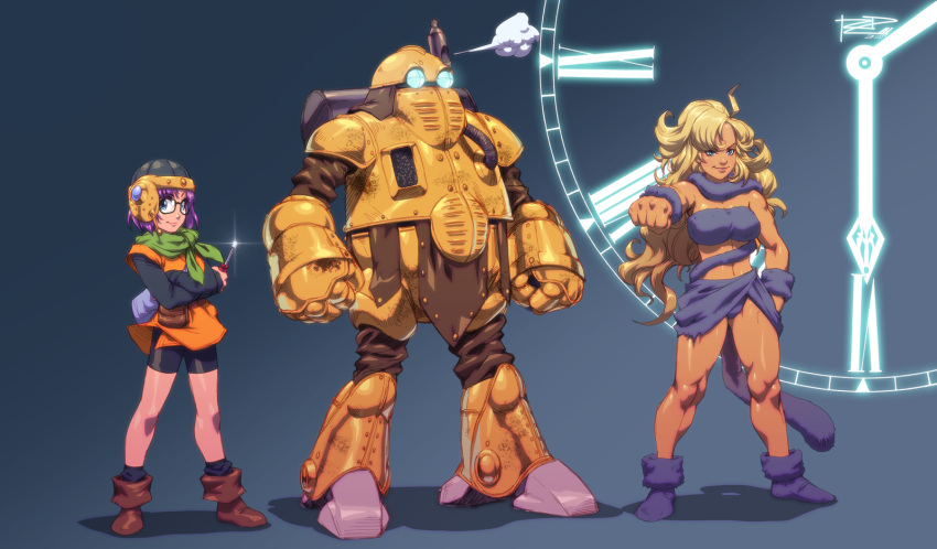 2girls ayla blonde_hair blue_eyes boots breasts chrono_trigger crossed_arms dark_skin full_body glasses helmet highres large_breasts loincloth long_hair loose_socks lucca_ashtear multiple_girls purple_hair robaato robo robot scarf screwdriver short_hair socks tail wavy_hair