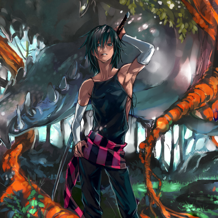 1boy animal armpits bare_shoulders belt black_eyes black_hair blood dark_skin detached_sleeves fangs forest grass hand_on_hip katana looking_at_viewer male minamine_kei monster nature open_mouth original sharp_teeth short_hair solo striped sword tongue weapon