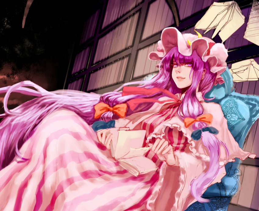 1girl book bookshelf bow chair crescent dress ears hair_bow john_marica lips long_hair looking_at_viewer mob_cap nose parted_lips patchouli_knowledge payot purple_hair reclining ribbon robe solo touhou very_long_hair violet_eyes