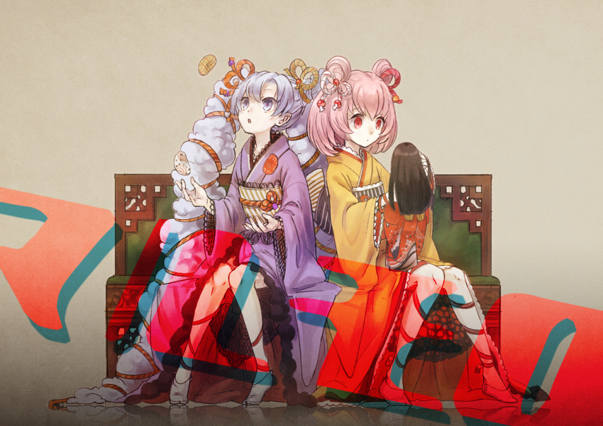 2girls character_request copyright_request doll double_bun japanese_clothes kimono long_hair migita multiple_girls pink_hair purple_hair red_eyes short_hair sitting twintails violet_eyes wooden_chair