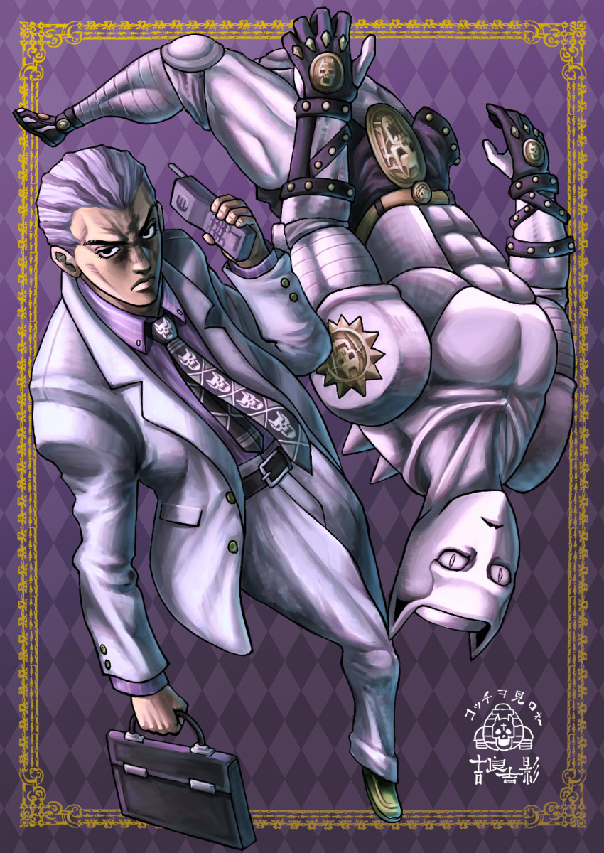2boys briefcase formal hairlocs jojo_no_kimyou_na_bouken killer_queen kira_yoshikage makeinu multiple_boys necktie purple purple_hair stand_(jojo) suit