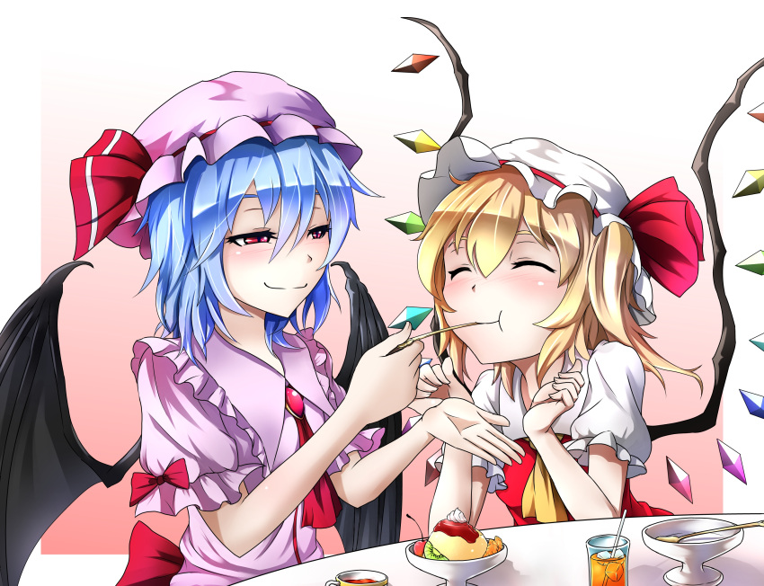 2girls bat_wings blonde_hair blue_hair bowl brooch closed_eyes cup dress drinking_glass feeding flandre_scarlet hat hat_ribbon highres jewelry mob_cap multiple_girls pink_dress pudding puffy_short_sleeves puffy_sleeves red_dress remilia_scarlet ribbon short_sleeves siblings sisters smile spoon table tatetsuki teacup touhou wings