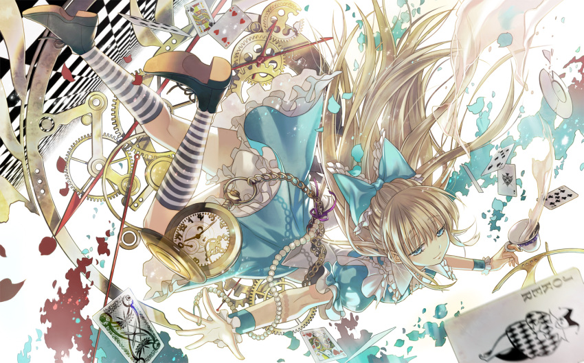 1girl alice_(wonderland) alice_in_wonderland backlighting beads blonde_hair blue_eyes bow card checkered cup dress gears hair_bow kneehighs long_hair plate playing_card pocket_watch solo starpri striped striped_kneehighs teacup watch