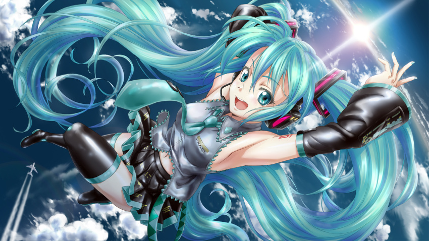 1girl :d airplane aqua_eyes aqua_hair armpits arms_up boots clouds detached_sleeves hatsune_miku headphones headset long_hair navel necktie open_mouth sky smile solo sun thigh-highs thigh_boots twintails vocaloid zettai_ryouiki zoneflower
