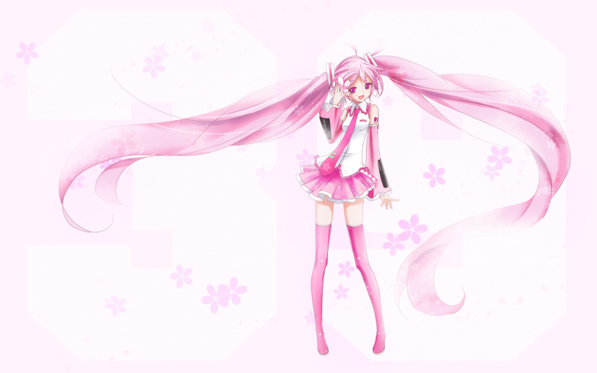 1girl ahoge boots detached_sleeves floating_hair haruyo_(imokenp) hatsune_miku headset highres long_hair necktie open_mouth pink_eyes pink_hair sakura_miku skirt solo thigh-highs thigh_boots twintails very_long_hair vocaloid
