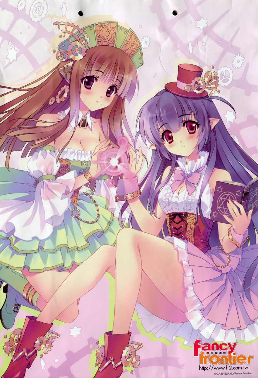 2girls absurdres android blush book boots breasts brown_hair carnelian choker cleavage dress hat highres long_hair multiple_girls no_panties open_mouth pointy_ears red_eyes ribbon smile star violet_eyes