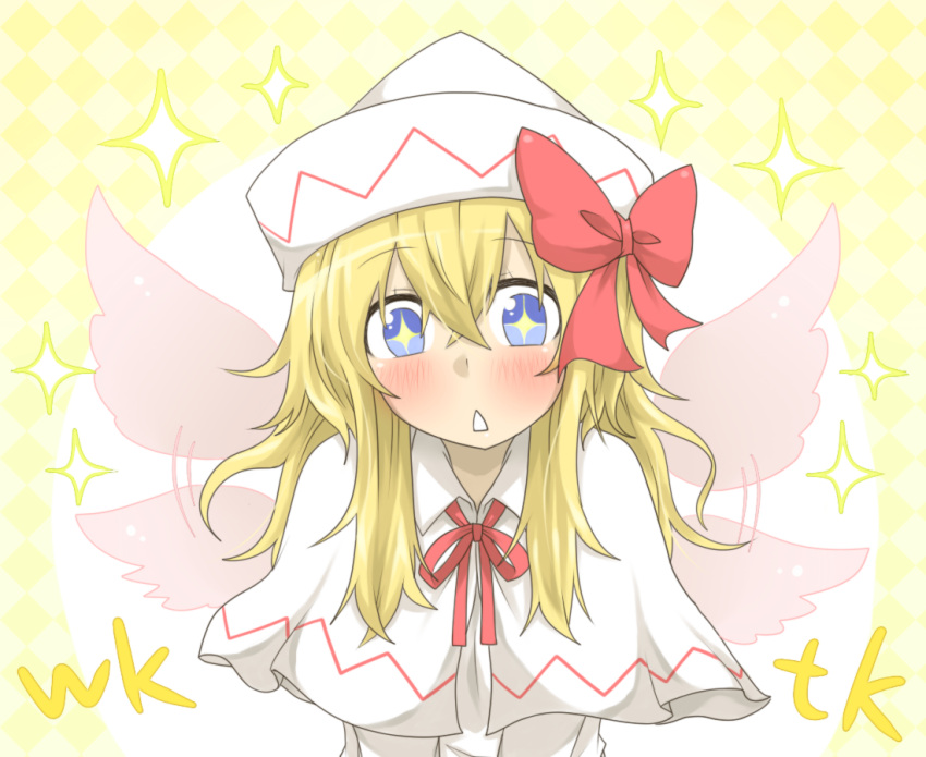1girl argyle blonde_hair blue_eyes blush bow bust capelet hair_bow hat lily_white solo sparkle symbol-shaped_pupils touhou triangle_mouth wings