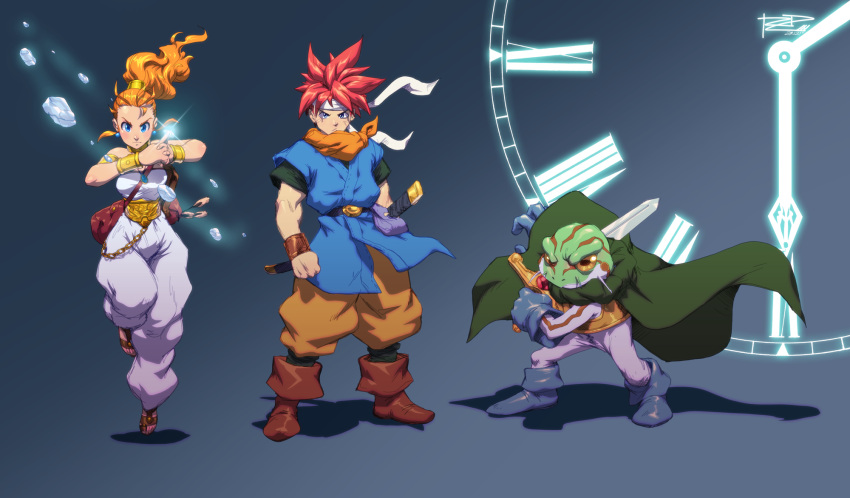 1girl 2boys blue_eyes cape chrono_trigger crono earrings frog full_body headband highres jewelry kaeru_(chrono_trigger) long_hair marle multiple_boys orange_hair ponytail redhead robaato sheath sheathed spiky_hair standing_on_one_leg sword tiptoes weapon yellow_eyes